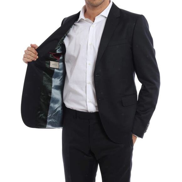 Gucci Mens Monaco Bee Logo Blue Wool 2 Piece Slim Fit Suit Jacket Pants 46 Italy - Picture 4 of 9